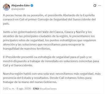 El alcalde de Cali Alejandro Eder confirmó que también participaron los gobernadores de Cauca, Nariño y alcaldes de ciudades principales de la región ubicada en el suroccidente (región Pacífica) - crédito @alejoeder/X