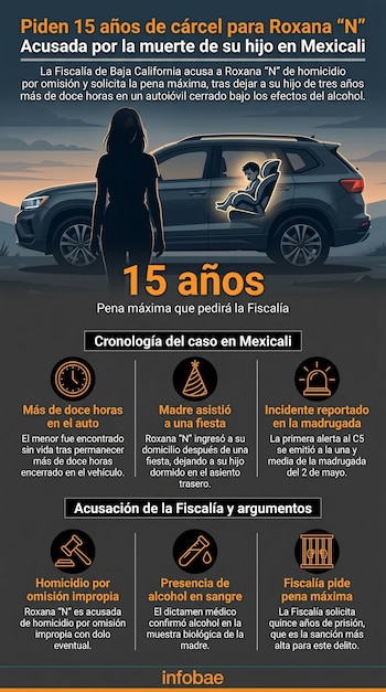 Infografía muestra la silueta de una mujer frente a un auto oscuro con un niño en la silla trasera, y texto sobre la acusación a Roxana "N" por la muerte de su hijo en Mexicali.