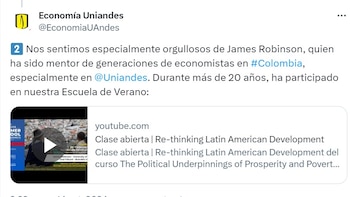 La Facultad de Economía de la Universidad de los Andes manifestó sentirse orgullosa por el premio obtenido por James Robinson - crédito @EconomiaUAndes/X