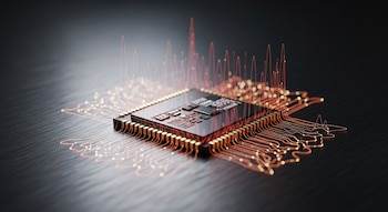 Primer plano de un chip de memoria negro y dorado sobre una superficie metálica oscura. Ondas de calor rojas y líneas de conexión emergen del chip.