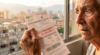 Primer plano de mano de persona mayor con factura de electricidad de EPM que muestra $1,250,000 COP, rostro de asombro, ciudad borrosa al fondo.