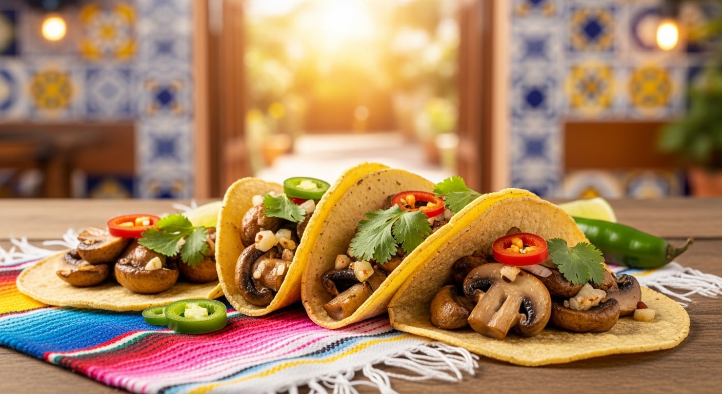 Tacos de champiñones al ajillo, servidos en tortillas de maíz y decorados con cilantro fresco y rodajas de chile, se exhiben sobre una mesa mexicana con un fondo luminoso. (Imagen Ilustrativa Infobae)