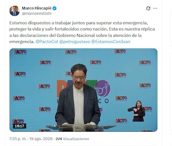El representante Marco Hincapié respaldó la intervención de la oposición y aseguró que existe disposición para trabajar frente a la emergencia - crédito @marcoemiliohr/X