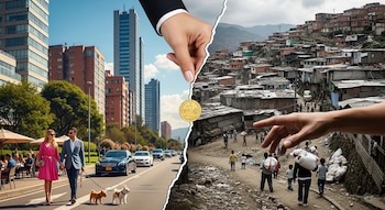 Imagen dividida: una ciudad moderna a la izquierda; un barrio marginal con casas precarias a la derecha. Una mano superior deja caer una moneda dorada hacia otra inferior.