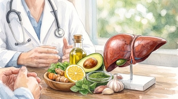 Ilustración de un médico con estetoscopio frente a un paciente, con una maqueta de un hígado y alimentos sobre el escritorio.
