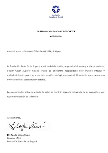 Comunicado oficial de la Fundación Santa Fe de Bogotá en el que se confirma la evolución estable del expresidente César Gaviria. - crédito Fundación Santa Fe de Bogotá