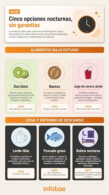 Infografía con seis recuadros con ilustraciones de kiwis, nueces, cerezas, leche, pescado y una cama junto a una ventana nocturna.