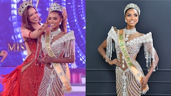 Montaje fotográfico de Zuliet Seminario con vestido plateado, banda de Miss Grand Perú y corona, siendo coronada y posando ante la cámara