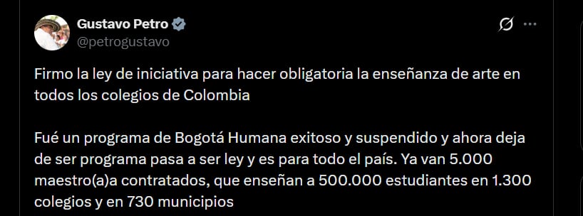 Según Gustavo Petro, el nuevo marco legal favorecerá la identificación y desarrollo de talentos diversos dentro del sistema educativo colombiano - crédito @petrogustavo/X
