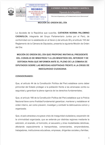 Diputada Catherine Palomino presenta moción para que ministros respondan por crisis de inseguridad.