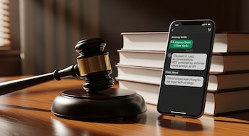 Uma pasta jurídica está sobre uma mesa de madeira, ao lado de documentos jurídicos e de um smartphone com conteúdo jurídico.