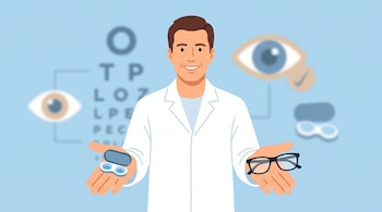 Ilustración de hombre con bata blanca sosteniendo gafas negras y estuche abierto con lentes de contacto azules. Fondo celeste con ojos y letras de examen de vista difuminados.