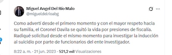 El abogado Miguel Ángel del Río Malo advirtió sobre presiones de la Fiscalía sobre el coronel Dávila - crédito @migueldelrioabg/X