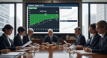 Nueve personas en traje sentadas alrededor de una mesa de reuniones de madera. Detrás hay una pantalla grande que muestra gráficos de inflación.
