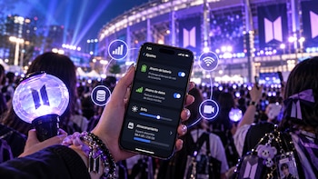 Una persona sostiene un celular con el menú de ajustes activado y una linterna de concierto frente a una multitud en un estadio iluminado