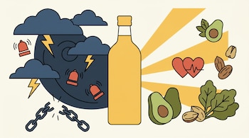 Ilustración minimalista de una botella de aceite separando una escena de nubes oscuras, alarmas y cadenas rotas de otra con aguacates, nueces y corazones.