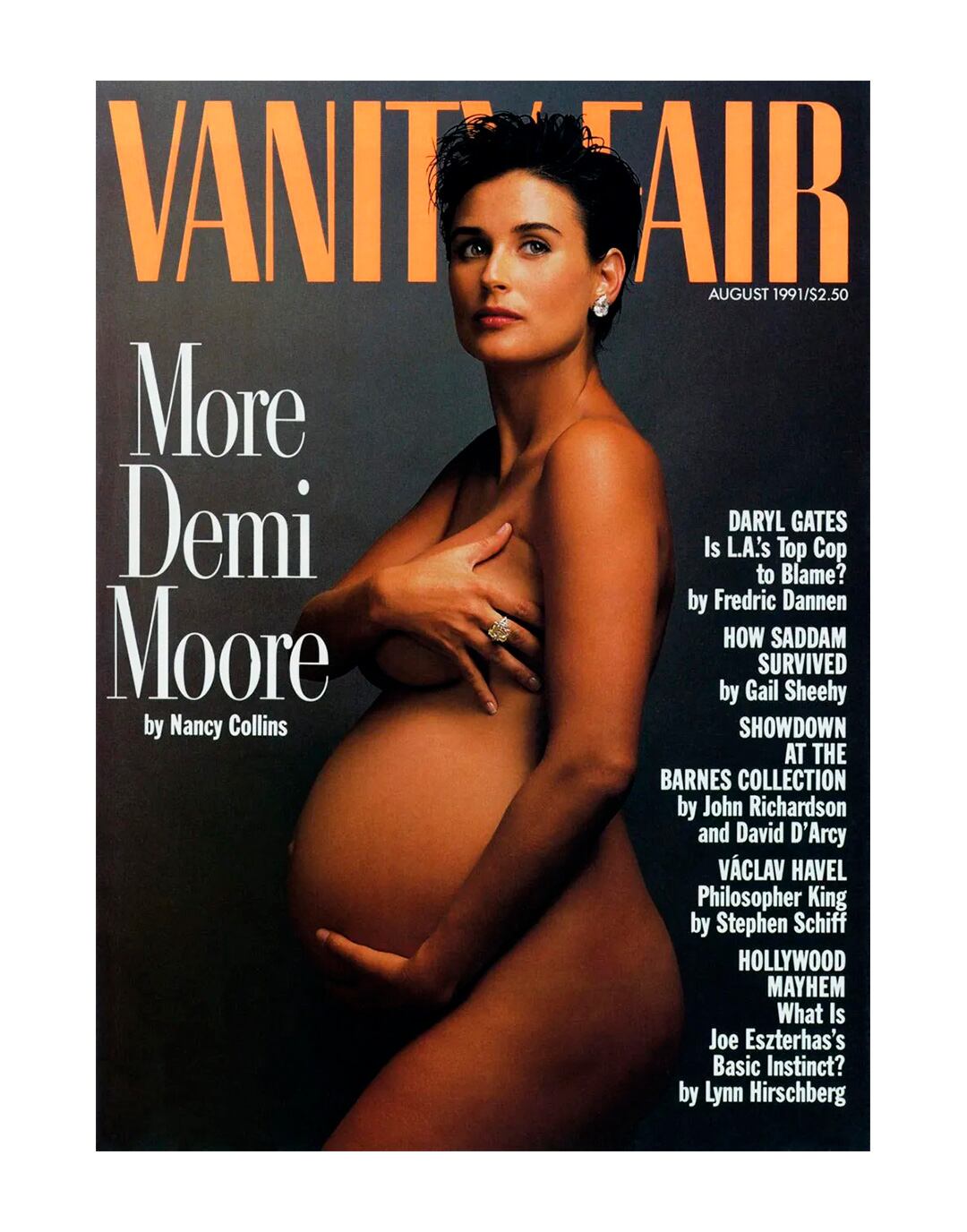 n la memorable portada de Vanity Fair de 1991, Moore posó embarazada, marcando un hito en la representación de la maternidad en los medios estadounidenses