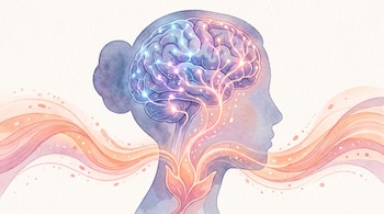 Perfil de una silueta femenina con un cerebro iluminado por conexiones luminosas y trazos en acuarela.