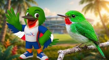 Mascota Colí verde con uniforme de los juegos y barrancolí de plumaje verde con garganta roja en una rama, estadio y palmeras desenfocados.