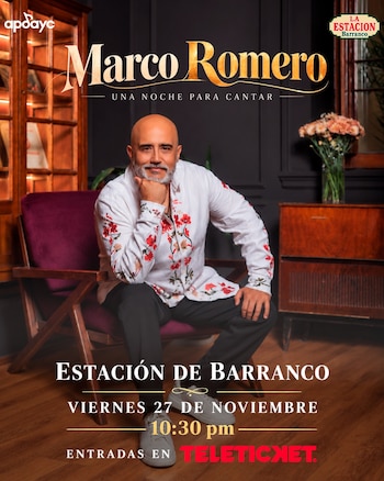 Hombre sentado en un sillón con camisa bordada y texto que anuncia un concierto en Estación de Barranco el 27 de noviembre