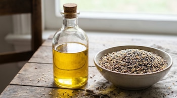 Una botella de vidrio con aceite de semilla amarillo y un bol de cerámica lleno de semillas mezcladas, sobre una mesa rústica de madera junto a una ventana.