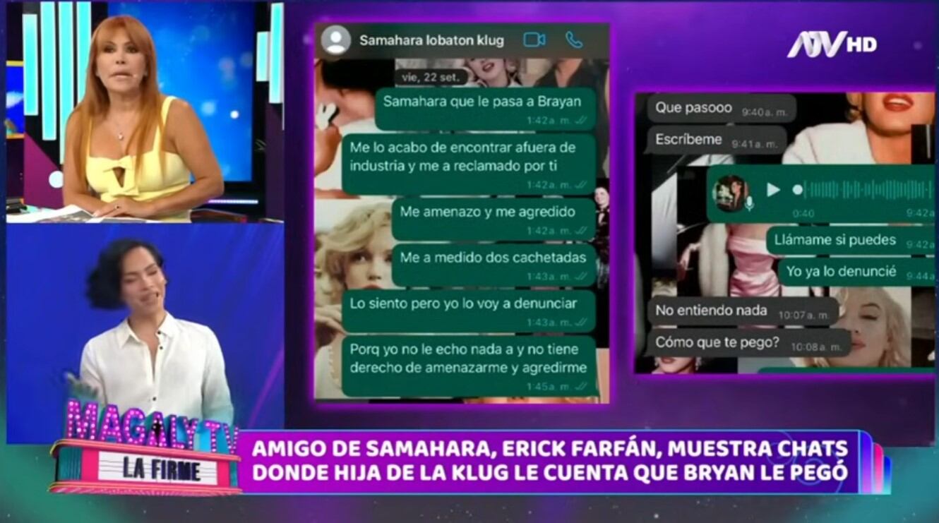“Bryan me pegó”: revelan mensajes de Samahara Lobatón que hoy cobran relevancia. Infobae Perú / Captura TV - Magaly TV La Firme