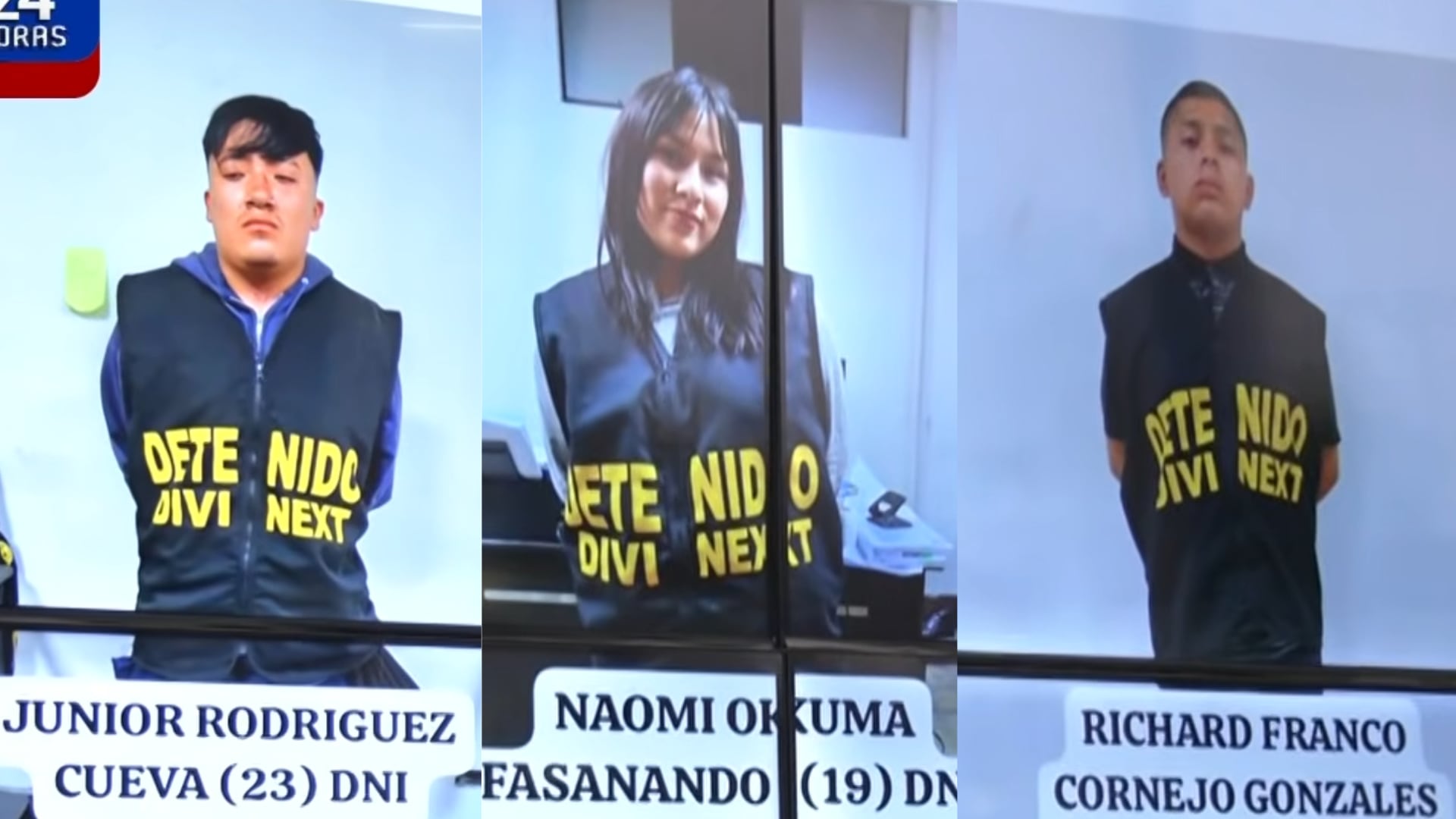 Los tres integrantes de la red de extorsión, incluyendo al cabo del ejército y la extrabajadora, son presentados tras su detención en flagrancia por la Dirincri en Lima. (Composición: Infobae Perú)