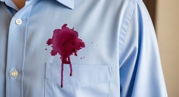 Primer plano de una camisa de vestir azul celeste con una gran mancha de vino tinto sobre el pecho y goteando por el bolsillo.
