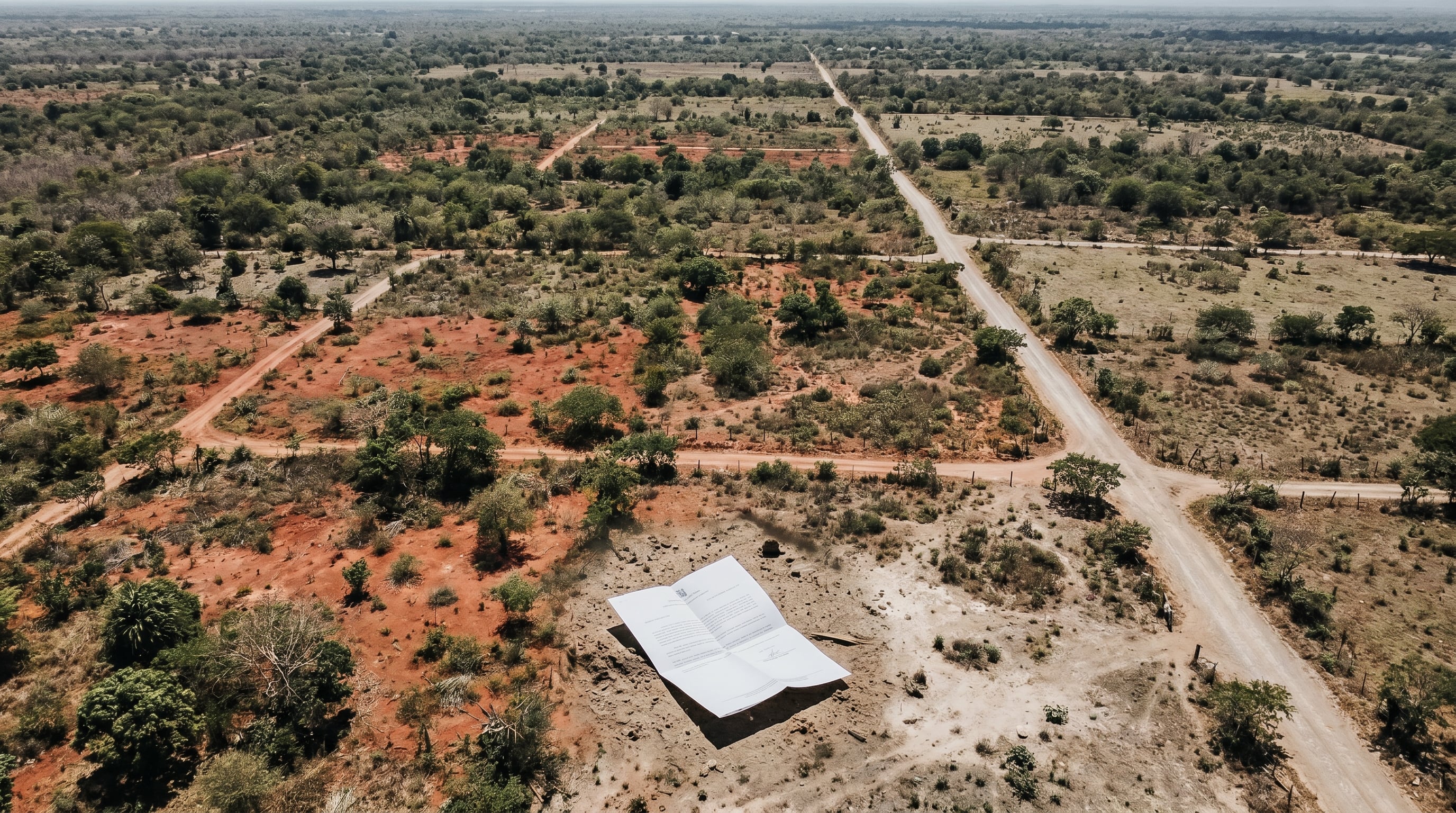 Una resolución gubernamental yace sobre tierra rojiza en un extenso terreno centroamericano con vegetación dispersa y caminos sin asfaltar, sugiriendo una inminente intervención del paisaje. (Imagen Ilustrativa Infobae)