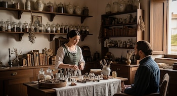 Una mujer prepara ungüentos en una mesa con frascos, botellas y hierbas mientras un hombre la observa. El lugar tiene estanterías llenas de recipientes y libros.
