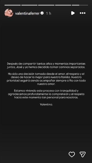 Captura de pantalla de una historia de Instagram publicada por la cuenta valentinaferrer con un mensaje escrito sobre fondo negro
