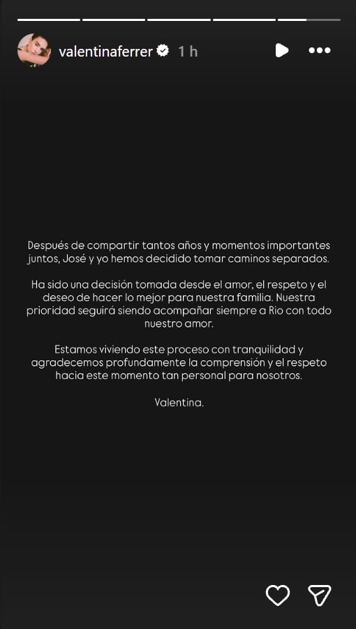 La modelo Valentina Ferrer confirma el fin de su relación de pareja con el músico J Balvin mediante una declaración publicada en su cuenta de Instagram.