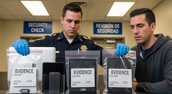 Un agente de CBP con uniforme y guantes azules guarda una laptop, tablet, teléfono y USB en bolsas de evidencia; un viajero mira con preocupación.