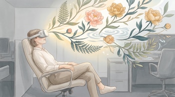 Ilustración de una persona con visor de realidad virtual sentada en una oficina, con flores, ramas y agua que salen del dispositivo.