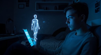 Un adolescente sentado en la oscuridad de su habitación observa una figura humana luminosa proyectada por su teléfono inteligente que muestra una conversación.