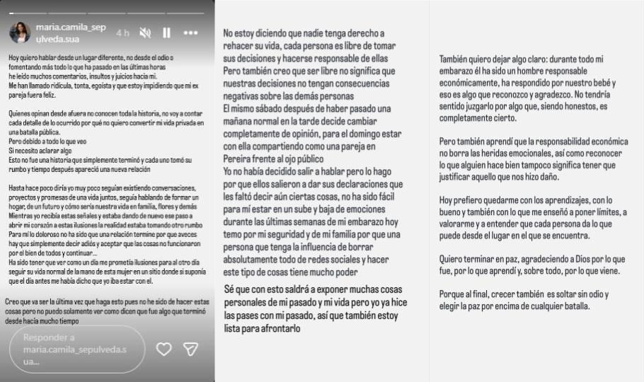 -Sepúlveda agradeció la responsabilidad económica de Cifuentes durante su embarazo, pero señaló que persisten las heridas emocionales tras la separación - crédito @maria.camila_sepulveda.sua/Instagram