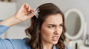 Mujer con cabello castaño ondulado, blusa azul, sujetando un broche brillante para el cabello, con expresión de disgusto. Fondo difuminado con un espejo.