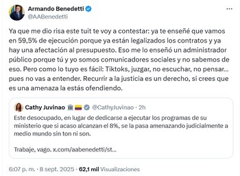 El ministro le respondió con vehemencia a la representante - crédito @AABenedetti/x