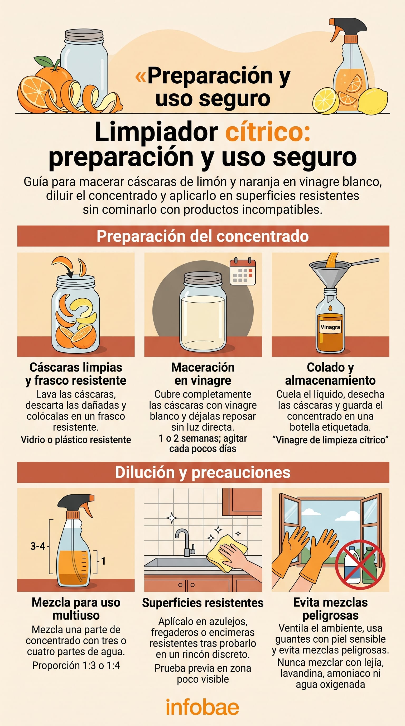 Guía para la preparación y uso seguro de un limpiador cítrico. (Imagen Ilustrativa Infobae)