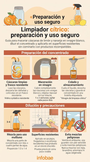 Infografía con ilustraciones de frascos, cáscaras de cítricos, colador, atomizador, un fregadero y advertencias con texto explicativo.