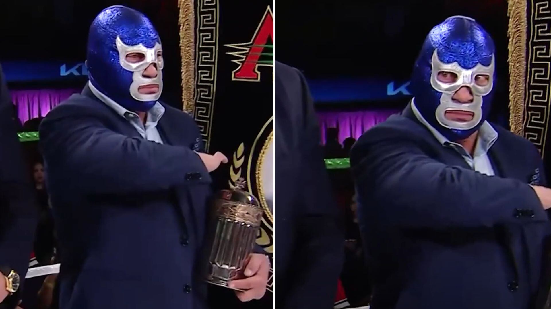 Así reaccionó Blue Demon Jr. al error ene l Himno Nacional Mexicano (Captura YouTube WWE México)