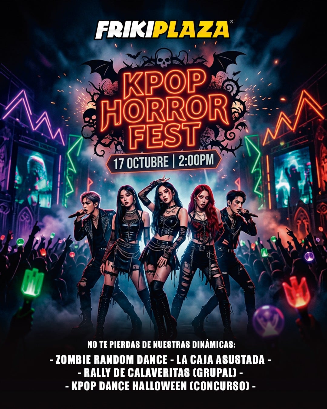 Un cartel promocional anuncia el evento Kpop Horror Fest de FrikiPlaza, programado para el 17 de octubre con diversas actividades temáticas. (Frikiplaza Instagram)