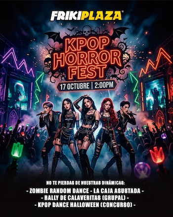 Cartel con el texto Kpop Horror Fest, fecha 17 de octubre, cinco personas vestidas de negro en un escenario con luces neón y murciélagos