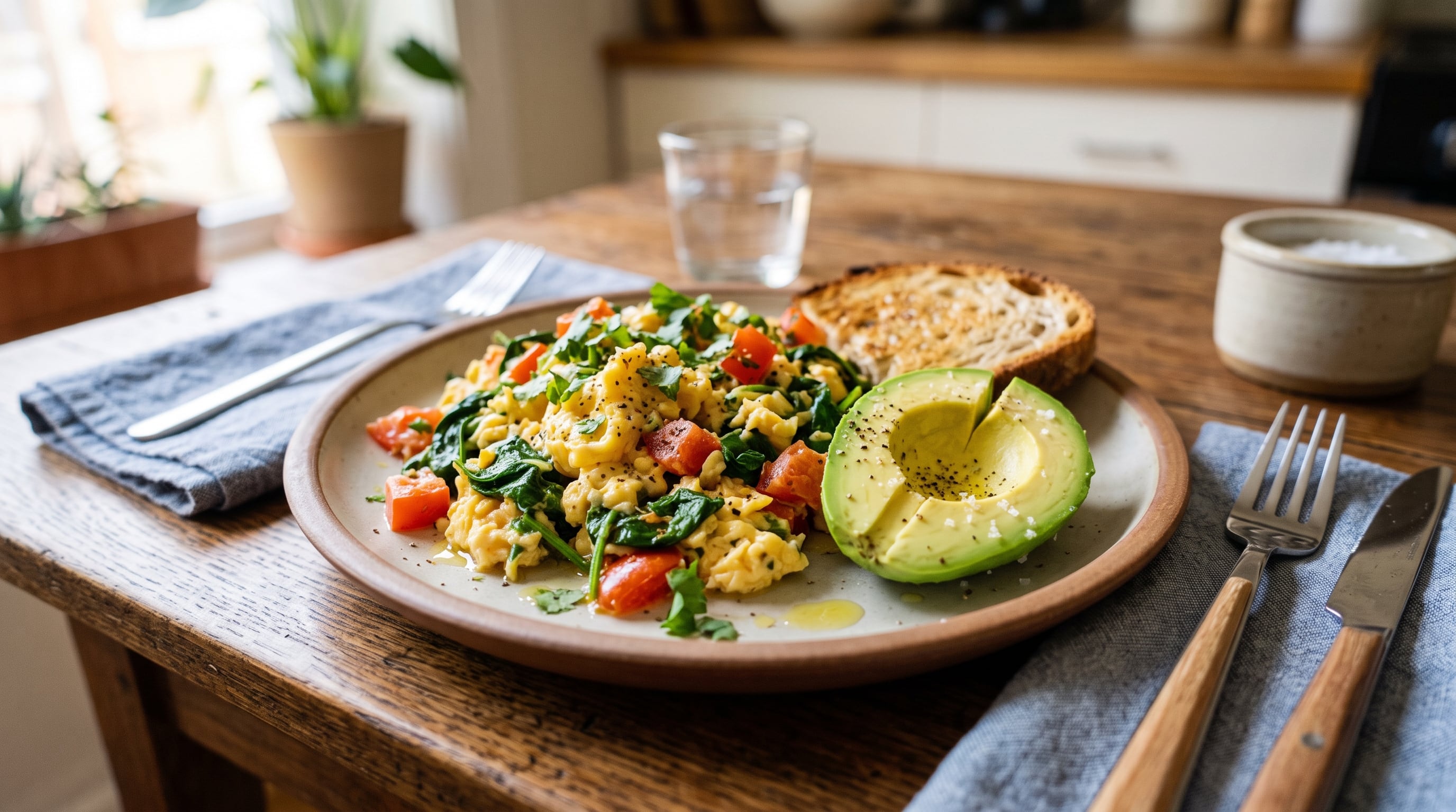 Un plato con huevos revueltos con espinaca, jitomate y medio aguacate se sirve sobre una mesa de madera junto a una rebanada de pan tostado. (Imagen Ilustrativa Infobae)