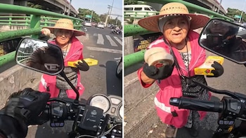 Motociclista regala alegría a abuelita