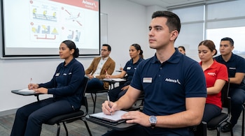 Hombre estudiante de Avianca en primer plano escribiendo en clase. Otros estudiantes y una proyección de diagramas de seguridad se ven al fondo.
