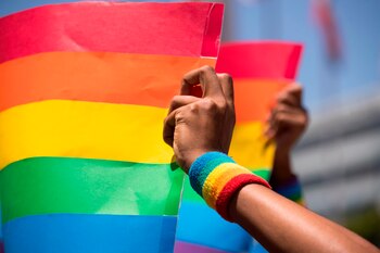 Integrantes de la comunidad LGBTIQ+ de República Dominicana se manifiestan ante el Congreso Nacional, hoy en Santo Domingo (República Dominicana). EFE/ Orlando Barría