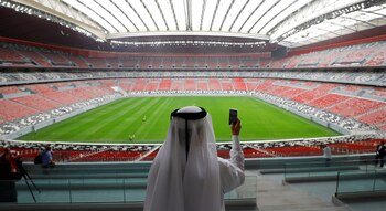 FILE PHOTO: A general view shows the Al Bayt stadium, built for the upcoming 2022 FIFA World Cup soccer championship, during a stadium tour in Al Khor, north of Doha, Qatar December 17, 2019. REUTERS/Kai Pfaffenbach/File Photo