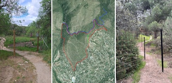 Vallas colocadas por el propietario de la finca. El centro, delimitada por una línea roja, la propiedad La Isabela