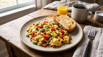 Plato con huevos revueltos, pimiento y cebolla, dos tostadas, una taza de café, un vaso de zumo y un tenedor sobre una mesa de madera.